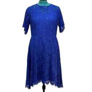MSLG Women Elegant Round Neck Blue Lace Wedding Guest Lace Party Dress Size 2XL